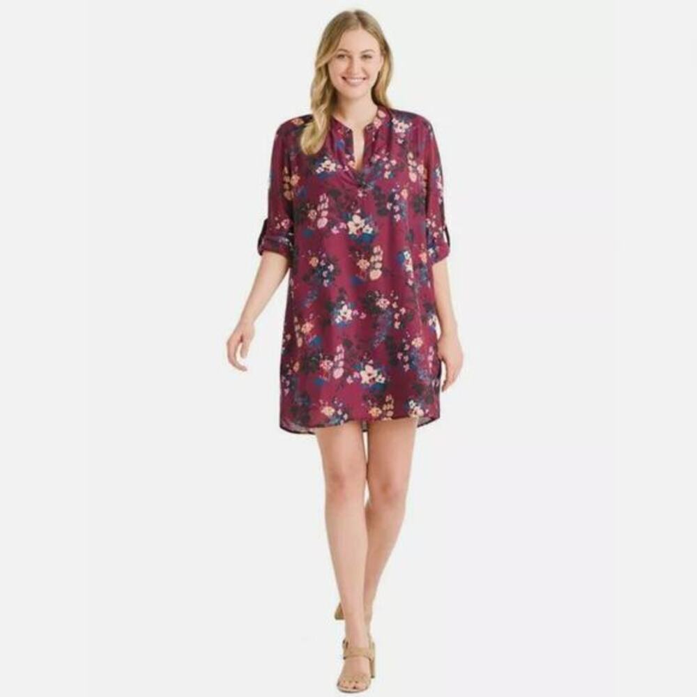 TOLANI burgundy‎ floral shift dress roll shirt, women size 1X